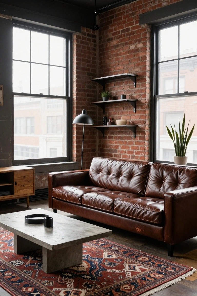 Living room corner with brown tufted leather sofa, gray concrete coffee table on red and blue patterned rug, exposed brick walls, wooden media unit, potted snake plant, black arc floor lamp, and large windows.