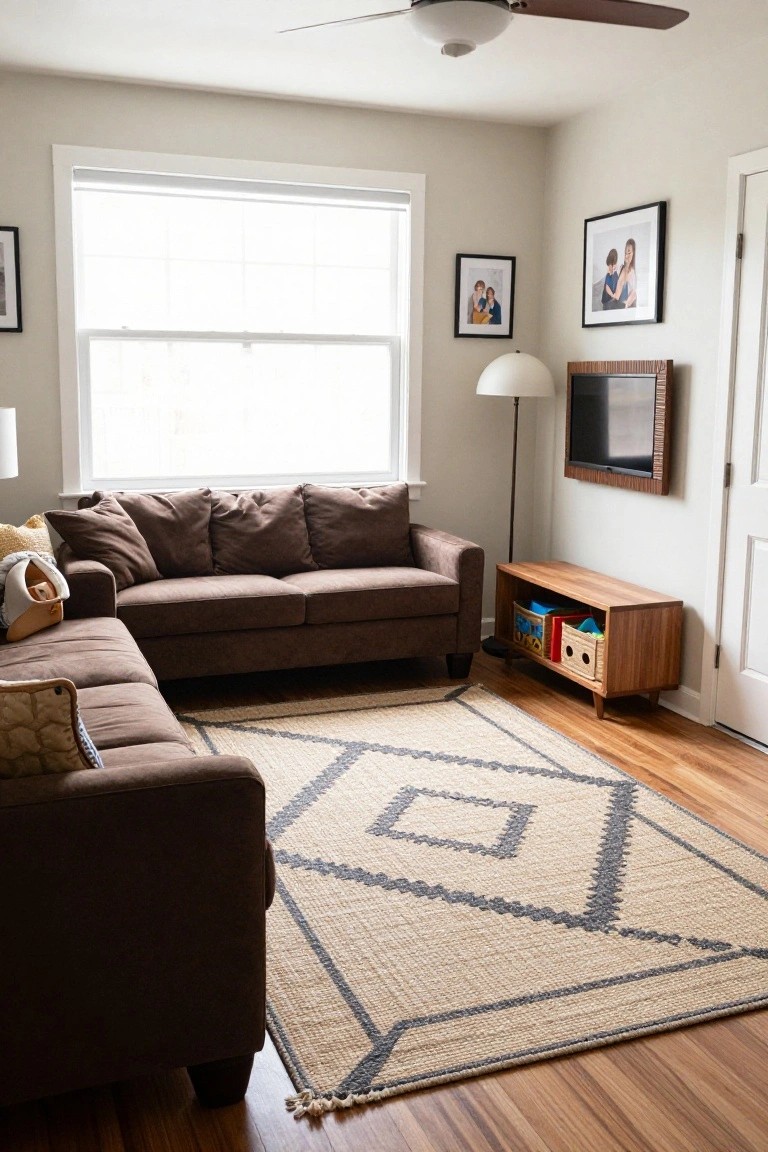 A living room with an L-shaped brown fabric sectional sofa, wooden mid-century TV console with toy bins, geometric beige rug on light hardwood floors, mounted television, arc lamp, and family photos on beige walls.
