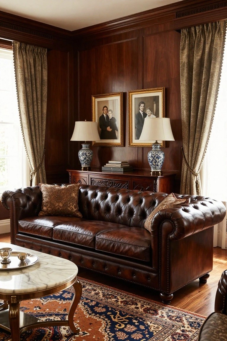 A traditional wood-paneled living room corner with a brown tufted leather sofa, carved credenza holding blue porcelain vases and lamps beside gold-framed portraits, marble coffee table, and patterned rug.