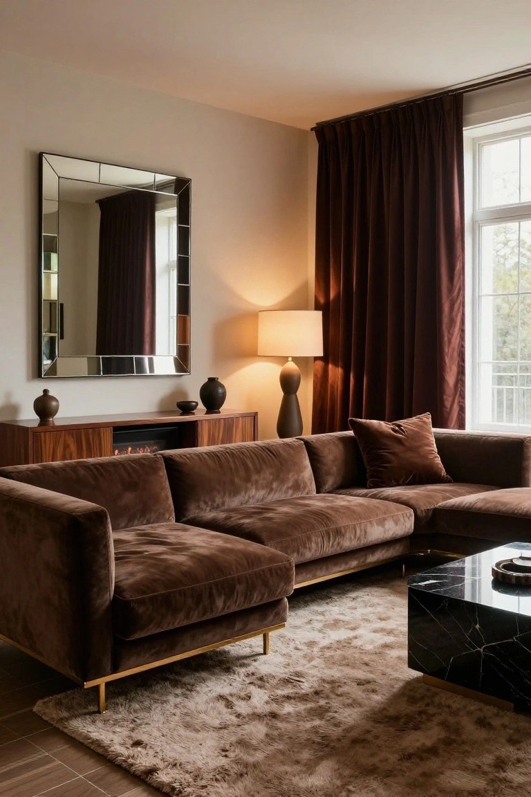 Modern living room with brown velvet L-shaped sofa on brass legs, black marble coffee table, wooden sideboard with gas fireplace, tall beveled mirror, ceramic vases and lamp, and burgundy curtains by window.