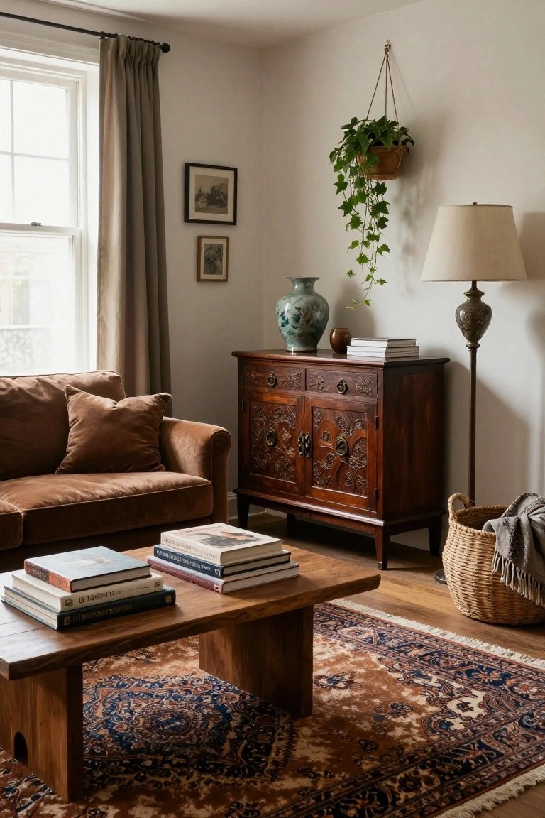 Living room with brown velvet sofa, low wooden coffee table stacked with books, carved wooden cabinet, blue and white vase, Persian rug, hanging ivy plant, floor lamp, and window with beige curtains.