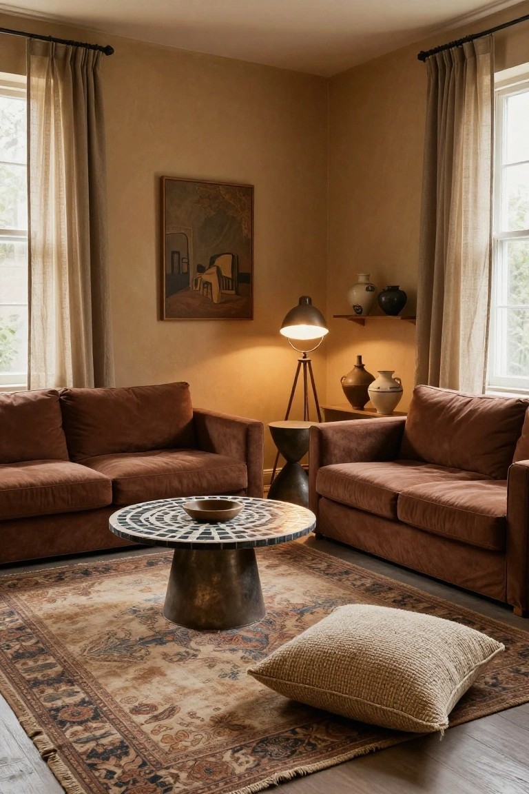 Living room corner with terracotta walls, two brown velvet sofas facing each other across a round mosaic-topped metal table on a large patterned rug, tripod floor lamp, shelves holding ceramic vases and pots, and sheer-curtained windows.