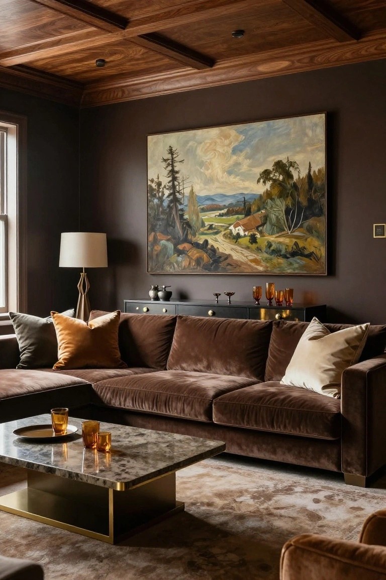 A living room with dark brown walls, wooden paneled ceiling, large colorful landscape painting on wall, brown velvet L-shaped sofa with mixed pillows, brass-based marble coffee table holding orange glassware, sideboard with glassware, and floor lamp.
