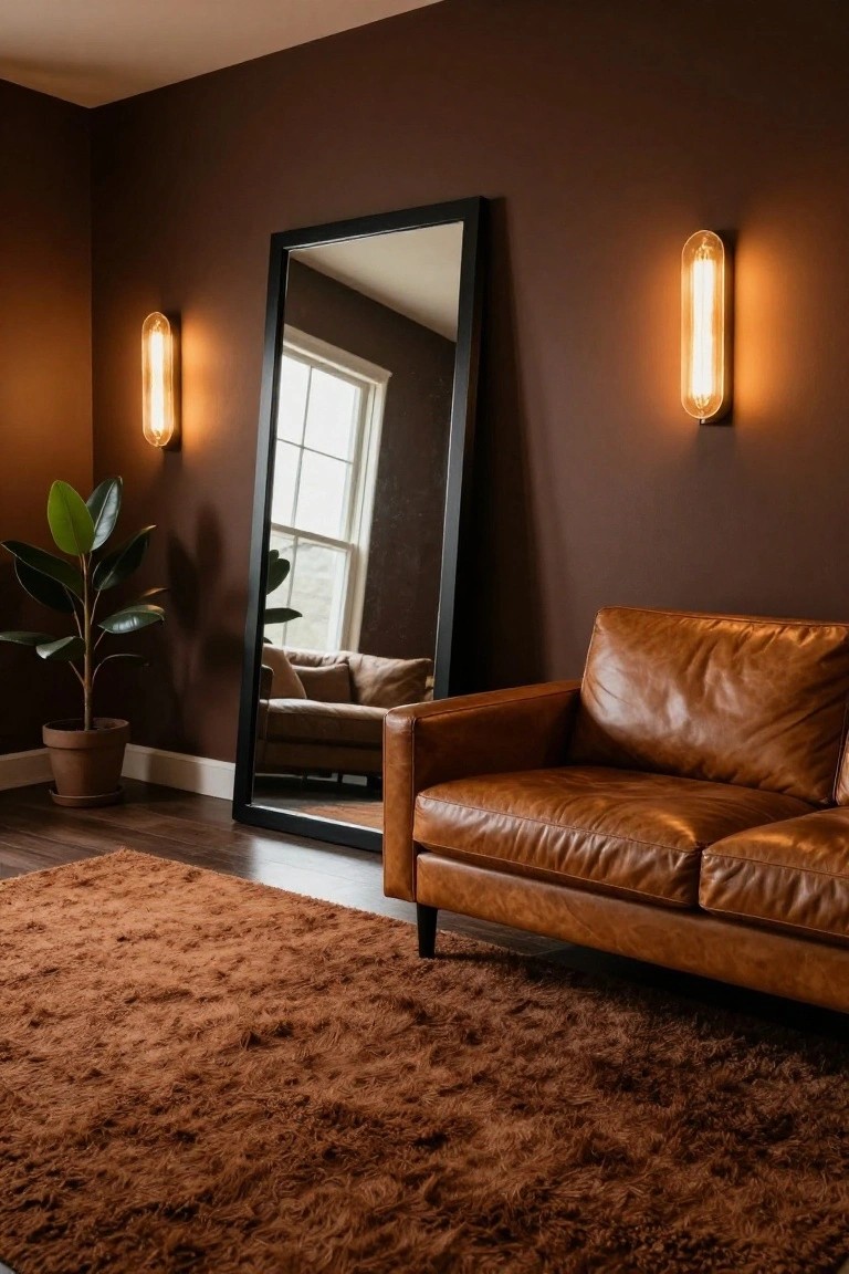 Brown-walled living room with tan leather sofa, black-framed floor mirror reflecting the room, potted leafy plant, shaggy brown rug, and tubular wall sconces beside a window.