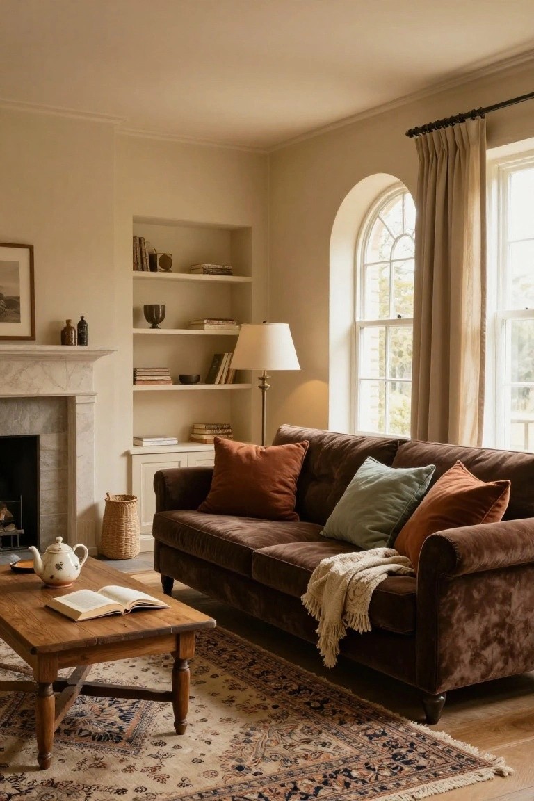 Beige living room corner with brown velvet sofa, mixed cushions in orange and teal, marble fireplace, bookshelves, lamp, coffee table with open book, and arched window with cream curtains.