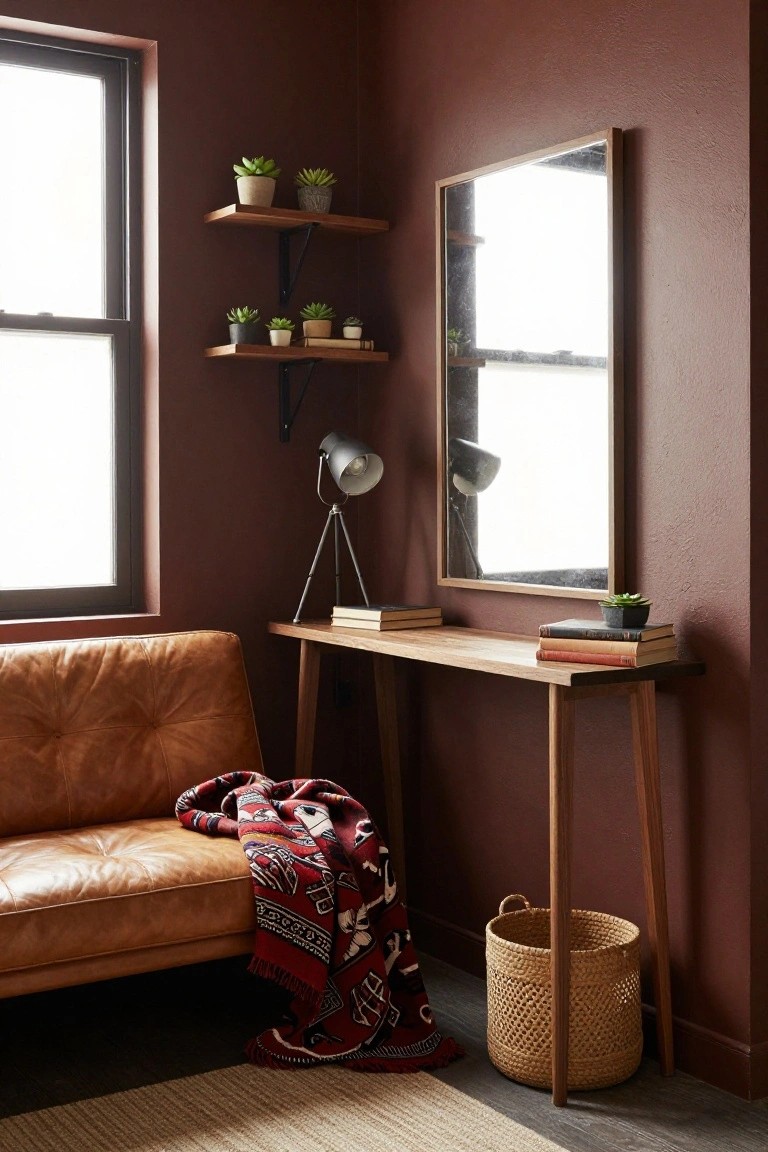 Corner of a burgundy-walled room with wooden shelves holding potted plants, a slim oak console table topped with stacked books and a succulent, a leather sofa draped with a red patterned blanket, a tripod lamp, a large framed mirror, and a seagrass basket on the floor.