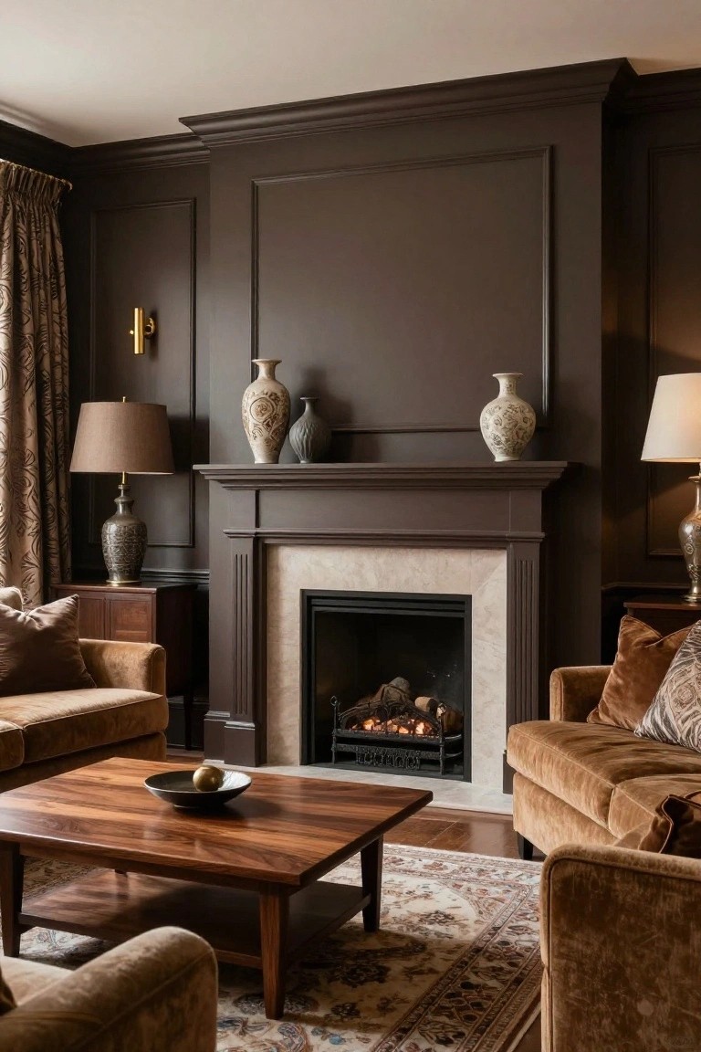 A living room with dark brown wood-paneled walls, marble-surround fireplace with gas logs burning, brown velvet sofas, wooden coffee table holding a bowl, side tables with lamps, and ceramic vases on the mantel.