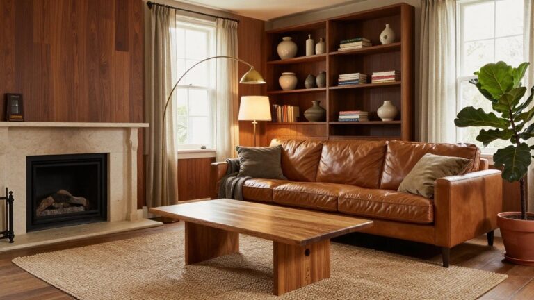Living room with rich brown wood paneling on walls and built-in cabinetry, tan leather sofa, wood coffee table, stone fireplace, bookshelves, plants, and window with sheer curtains.