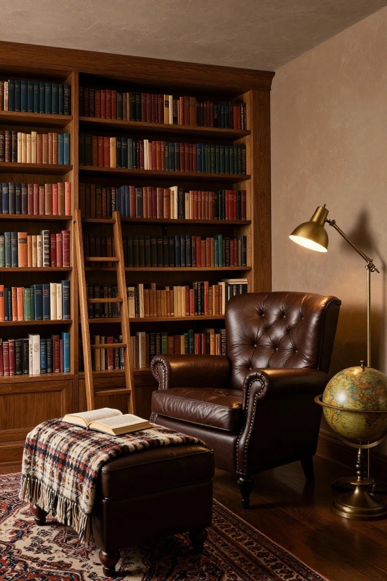 Wood-paneled library room with tall bookshelves filled with books, wooden rolling ladder, brown leather tufted armchair and matching footstool with plaid blanket, open book, brass desk lamp, globe on stand, and patterned rug on wood floor.