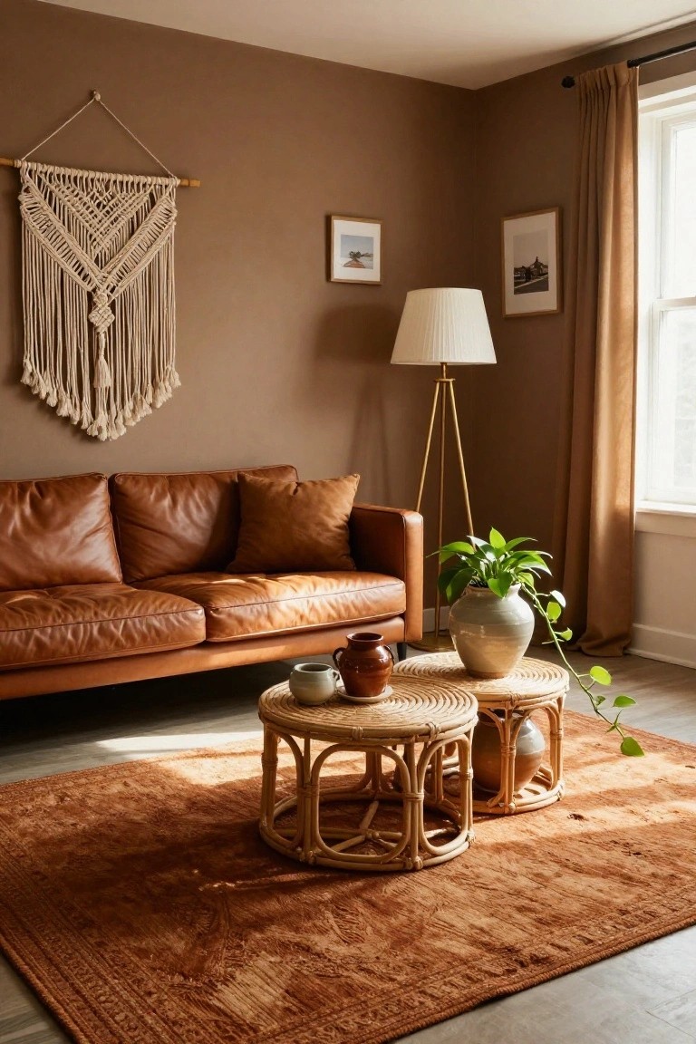 A living room with beige-brown walls, brown leather sofa, two nested round rattan coffee tables topped with ceramic pots and plants, terracotta rug, macrame wall hanging, tripod floor lamp, potted plant in vase, framed photos, and beige curtains on a window.