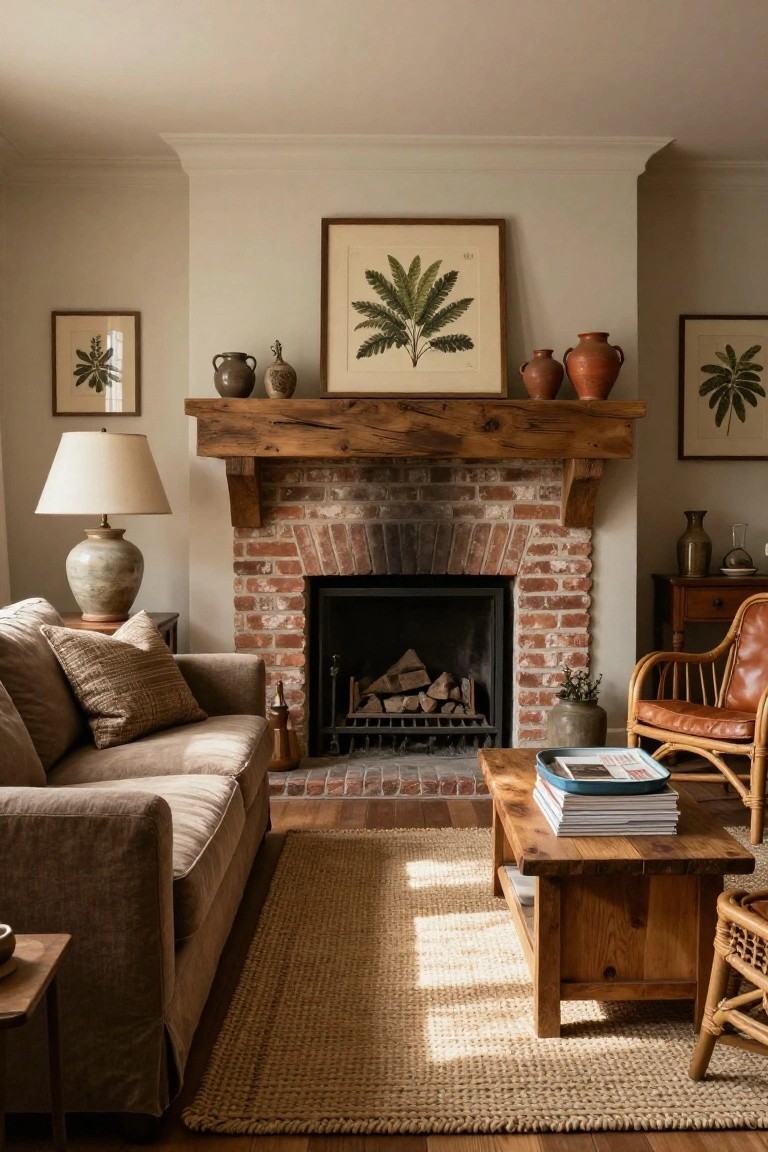Living room with exposed brick fireplace under reclaimed wood mantel topped with pottery, neutral fabric sofa, wood coffee table, rattan chair, and neutral walls.