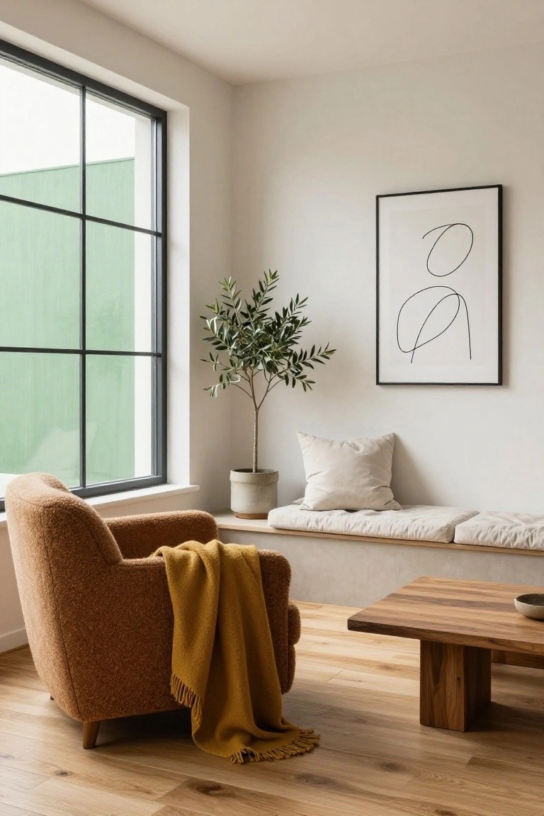 Living room corner with terracotta boucle armchair draped in mustard throw, beige window bench with cushion, potted olive tree, black-framed abstract line drawing on white wall, wooden coffee table, and light oak wood floor next to large black-framed window.