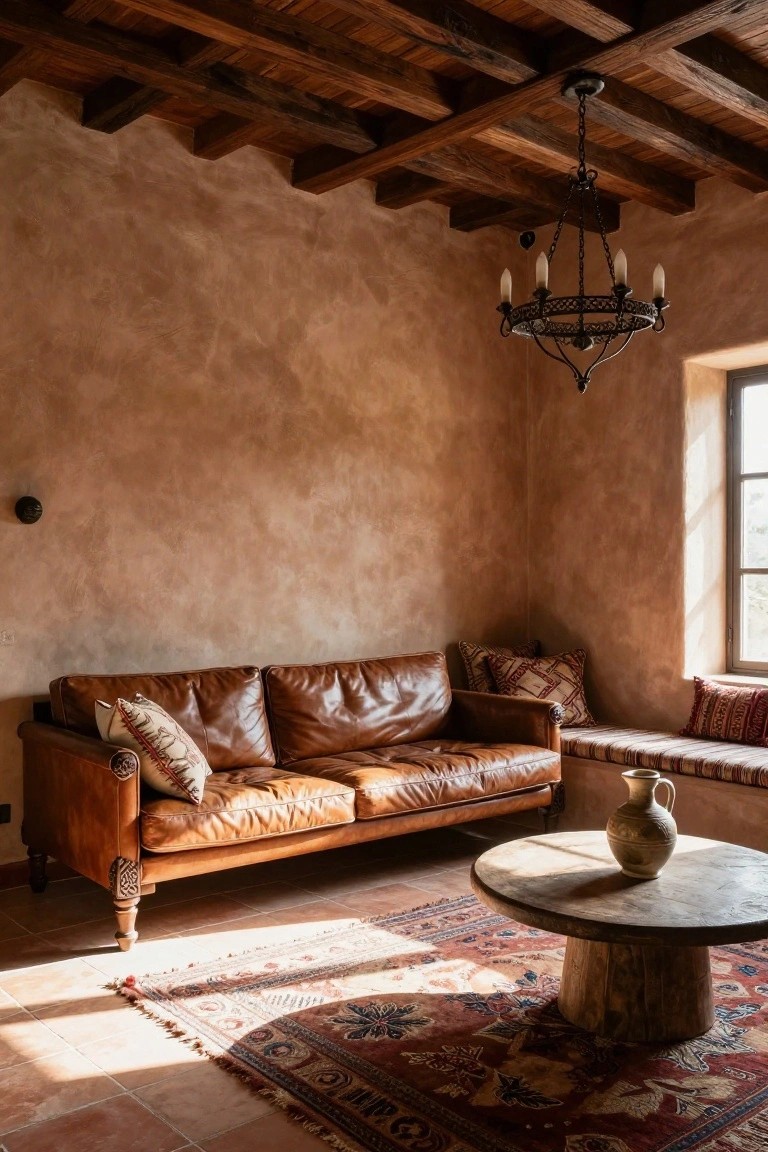 Cozy living room corner with textured ochre plaster walls, dark wooden beamed ceiling, brown leather sofa with patterned pillows and cushions, low round wooden coffee table, colorful Persian rug on terracotta tile floor, iron chandelier, and window bench seat.