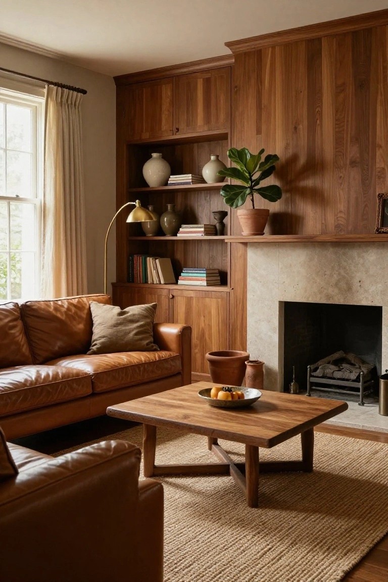 Living room with rich brown wood paneling on walls and built-in cabinetry, tan leather sofa, wood coffee table, stone fireplace, bookshelves, plants, and window with sheer curtains.