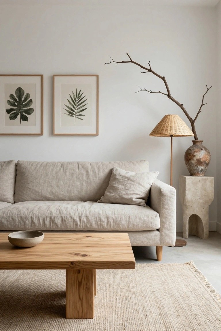 A light gray linen sofa faces a low rectangular wooden coffee table with knots in a white-walled living room, flanked by framed leaf prints, a rattan-shade floor lamp with branches, and a terracotta vase on a stone pedestal beside a beige rug.