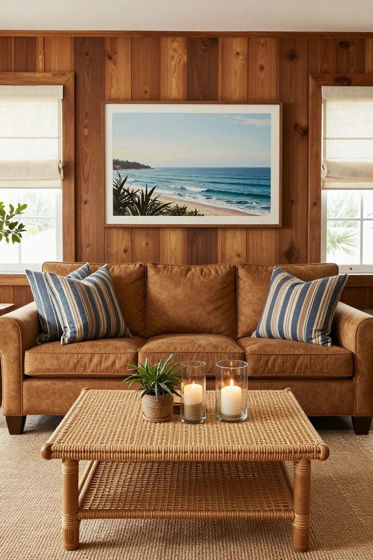 Living room interior with vertical wood-paneled walls, tan leather sofa with blue-and-white striped pillows, woven rattan coffee table holding candles and potted plants, sheer window shades, and a large framed beach scene artwork.