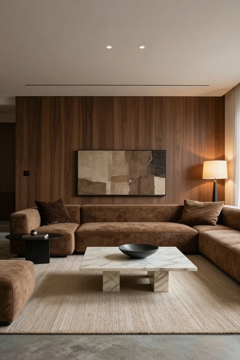 Wood Paneling and Brown Sofas