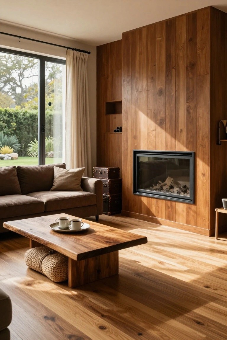 A living room with vertical wood paneling on walls and floor, brown sofa, low wooden coffee table holding teacups, integrated fireplace, and large sliding glass doors overlooking a garden.