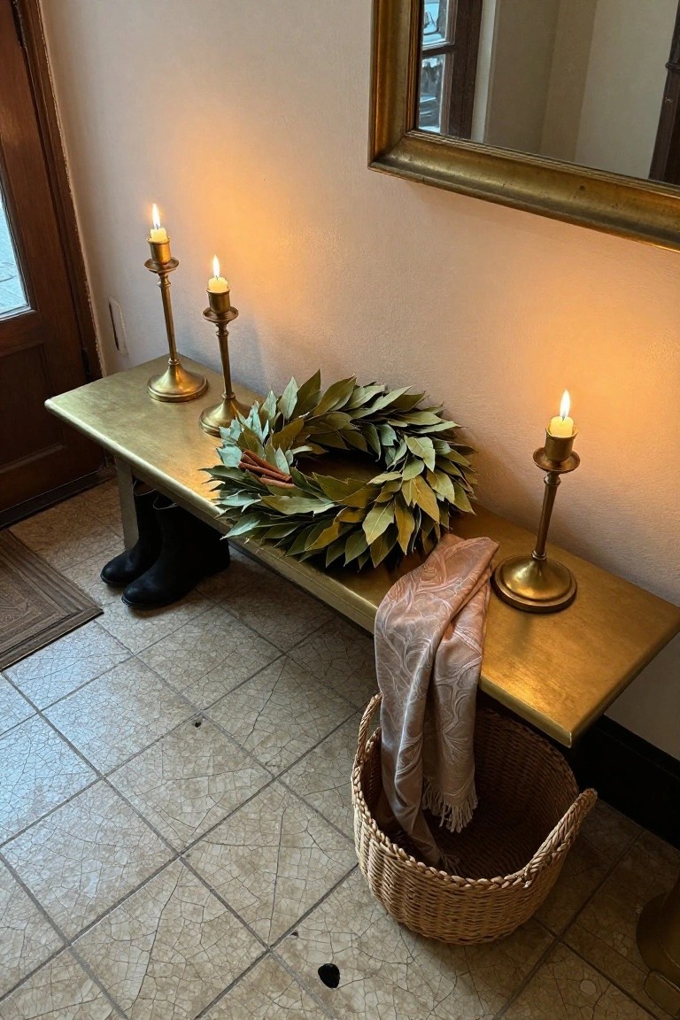 A golden woven wreath filled with succulents, evergreens, and four lit votive candles sits on a brass pedestal stand on a wooden desk in a book-filled room with green lamp, books, and window.