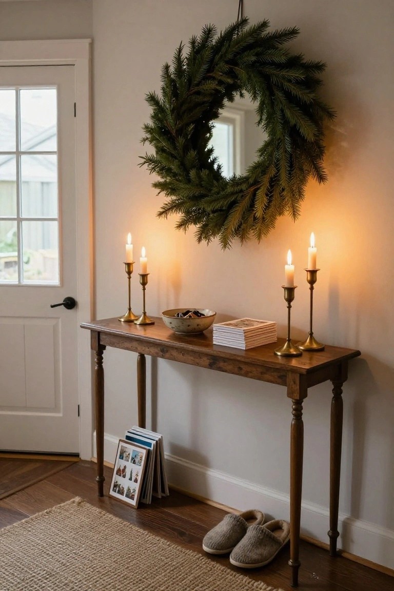 Modern kitchen island of light wood with stacked matte plates, three black pillar candles on a gray concrete base, a white bowl of oranges, and a black-and-white striped tea towel draped over the edge, olive wreath on white wall, pendant lights overhead, sink in background.