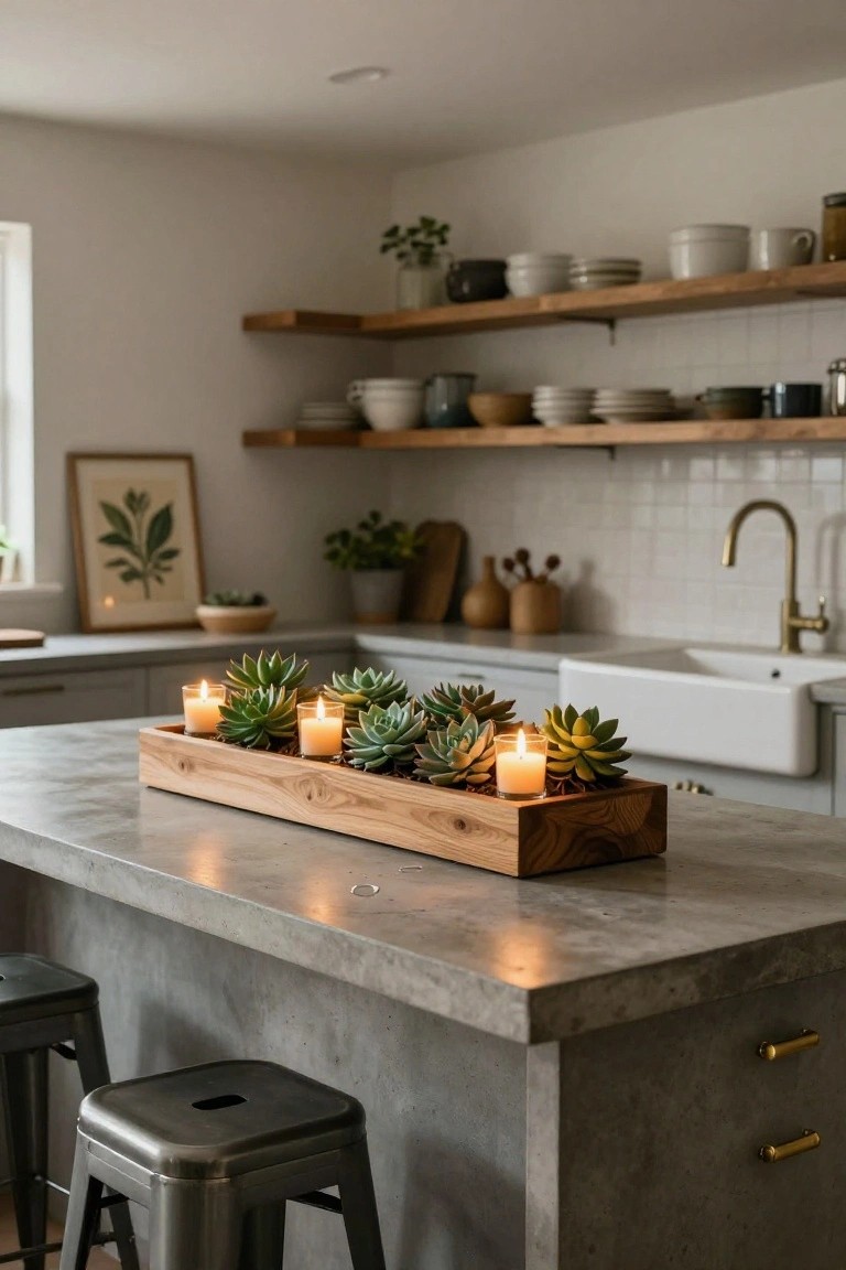 Brass candelabra holding five lit white taper candles arranged in a green wreath with red roses on a wooden side table next to a tufted armchair, with gold drapes and an oval mirror on a beige wall.