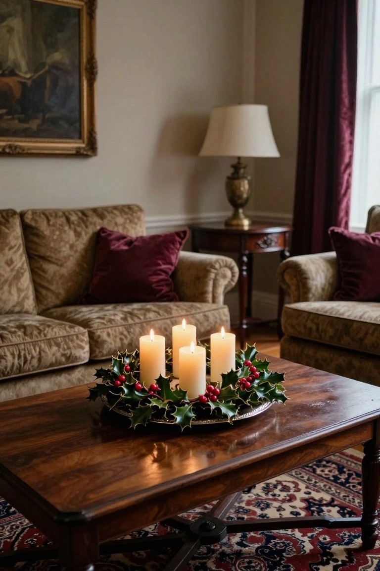 Close-up of a wooden bedside table holding a round wooden tray with a twig and cinnamon stick wreath surrounding five lit white pillar candles, a gold lamp with white shade, white ceramic vase, stacked white books, and a woven basket below, next to a white bed and rattan headboard.