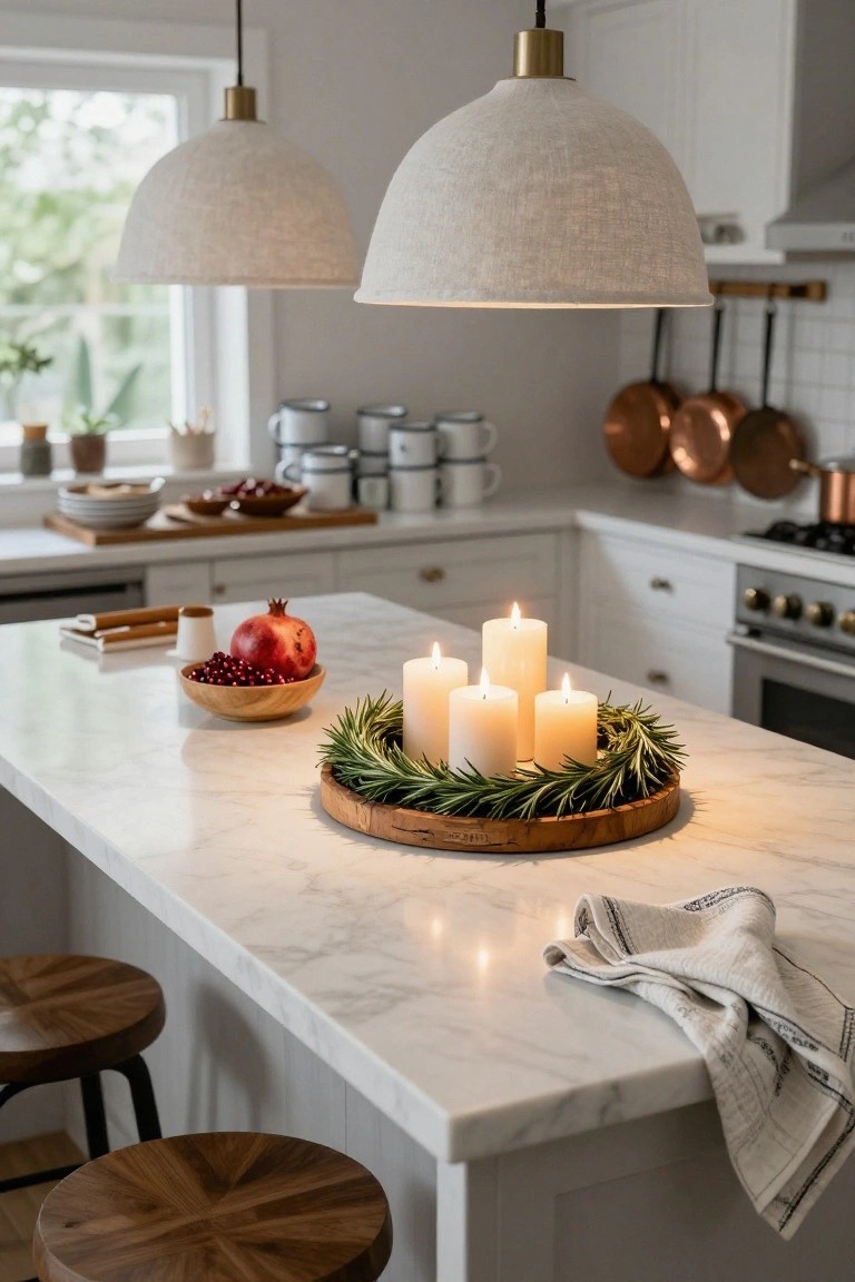 Cozy indoor window nook with a lit ivy wreath hanging in the window above a small wooden table set with a tray holding a white teapot, gray cups, and white candles, next to a cushioned bench and wooden stool.