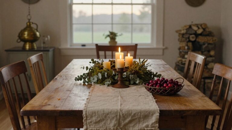 Wooden dining table in a room with white plates, napkins tied with leather cords, glassware, and a long centerpiece of evergreen garland with fairy lights, white pillar candles, dried orange slices, and cinnamon sticks.