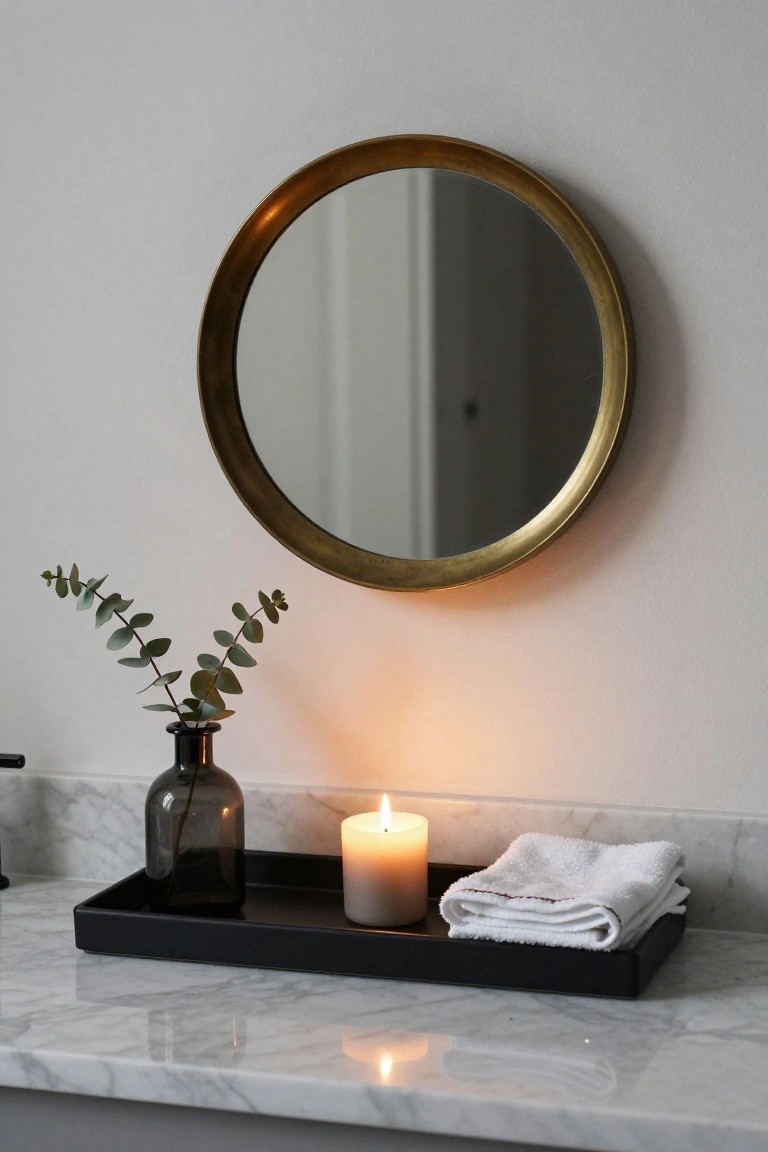 Bathroom vanity with marble countertop holding a wreath of lemons and rosemary leaves encircling a lit white pillar candle in a glass holder, gold faucet, folded white towels, potted fern plant, and gold-framed mirror against white subway tile walls.