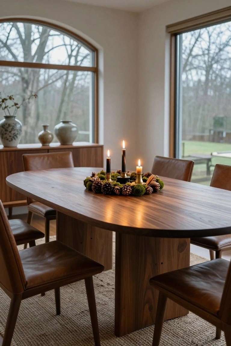 Wooden dining table centered with a magnolia leaf wreath holding white candles and a glass cloche containing a small pine tree, flanked by a ceramic vase and leather chairs against a white wall with abstract painting.