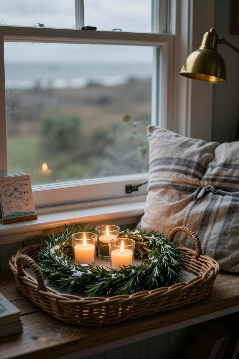 Dining table covered in white linen with an olive wreath encircling a lit pillar candle at center, flanked by glasses, utensils, and wooden chairs, beside a copper sideboard and large window in a light interior room.