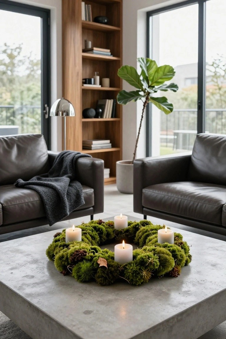 Modern dining room featuring a white rectangular table set with black plates and utensils, three lit candles in the center on a linen runner, gray upholstered chairs, a large hanging pampas grass wreath overhead, beige curtains, and sliding glass doors opening to a lush garden.