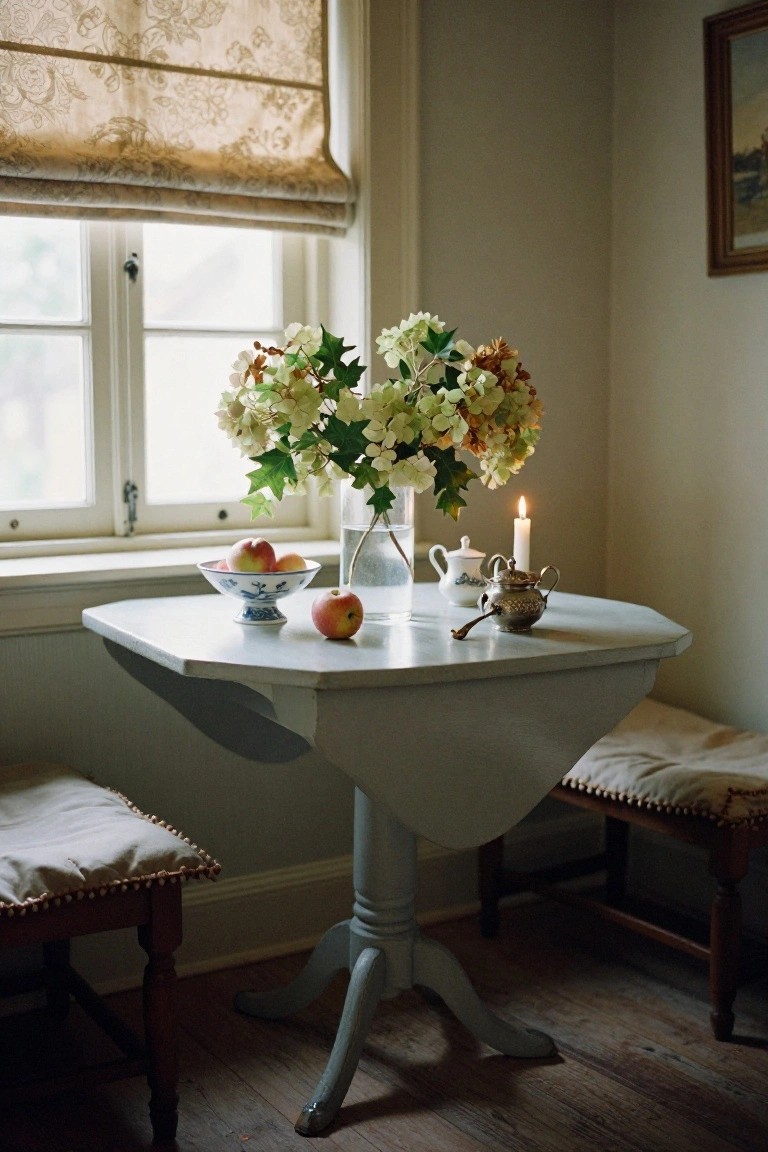 Wooden kitchen table holding a metal tray with rosemary wreath encircling amber glass votive candles, sliced orange on wooden board, linen cloth, and chairs in white kitchen with blackboard menu board.