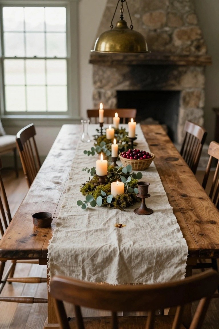 Wooden dining table in a room with white plates, napkins tied with leather cords, glassware, and a long centerpiece of evergreen garland with fairy lights, white pillar candles, dried orange slices, and cinnamon sticks.