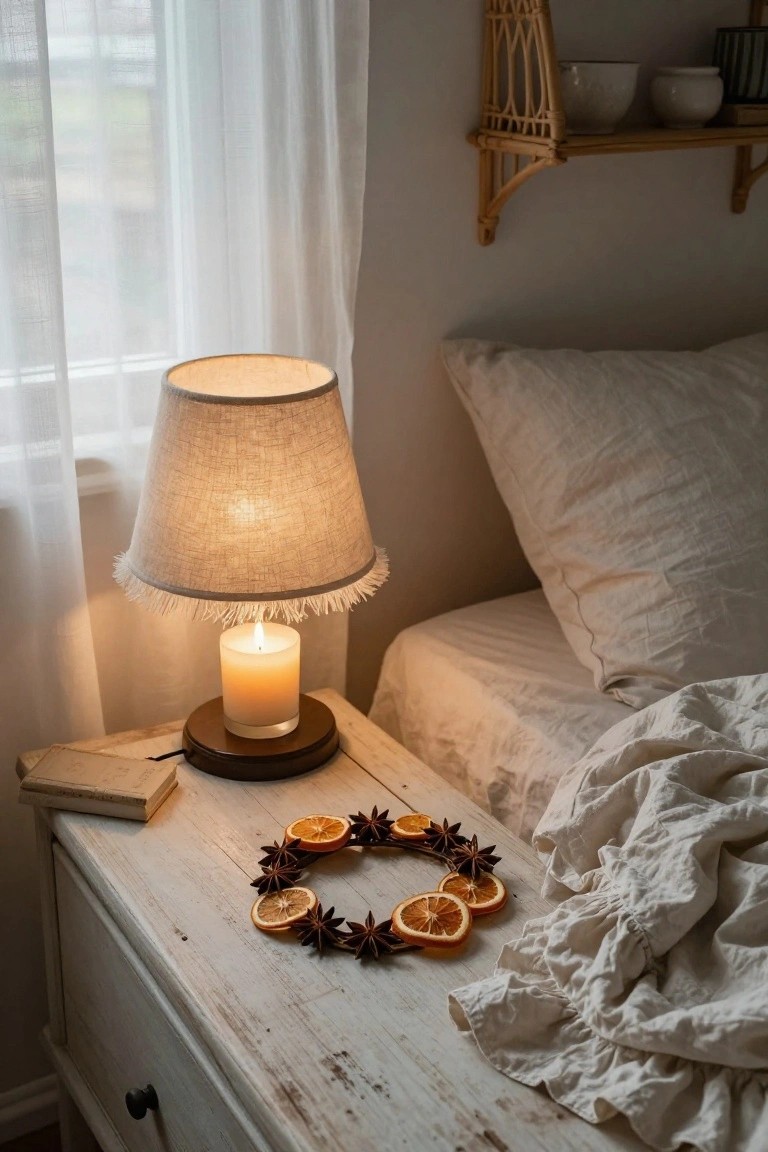 A wooden dining table holds a rosemary wreath centerpiece with sliced oranges and glass candles surrounding a white cake with caramel glaze, set in a cozy kitchen near a foggy green window.