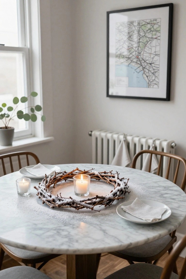 Woven round wreath on a wooden console table centered with four lit white pillar candles surrounded by pine branches and pinecones, next to stacked envelopes, a dish with a pinecone, and a brass key hanging from a nearby aged mirror.