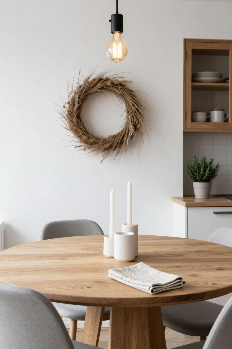 Round wooden table in a light gray room with snowy window view, featuring a eucalyptus wreath centerpiece holding four white pillar candles on a wooden plate, white teacup on saucer, white teapot, and folded linen napkin.