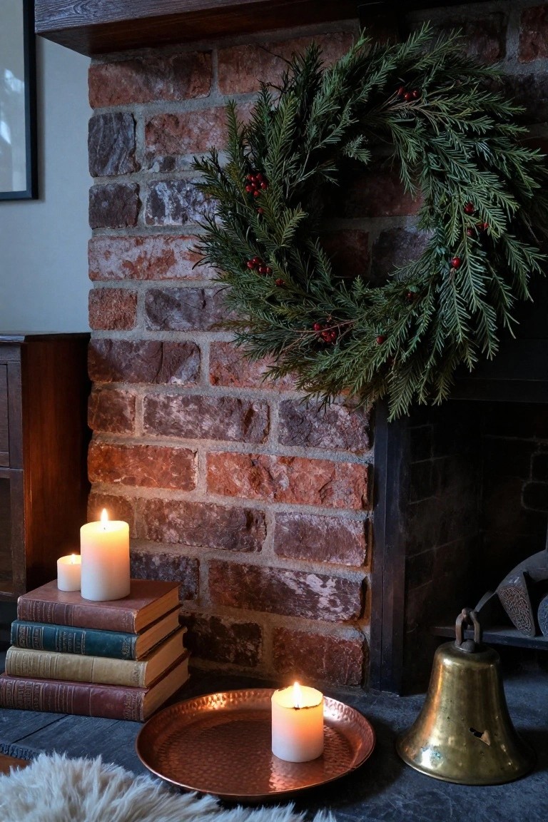 Dining table with black marble top holding a holly wreath centerpiece with red ribbons and four lit white taper candles in brass holders, purple velvet chairs around it, colorful runner cloth, glass decanter, under hanging greenery with small lights, in a dark-walled room with window.