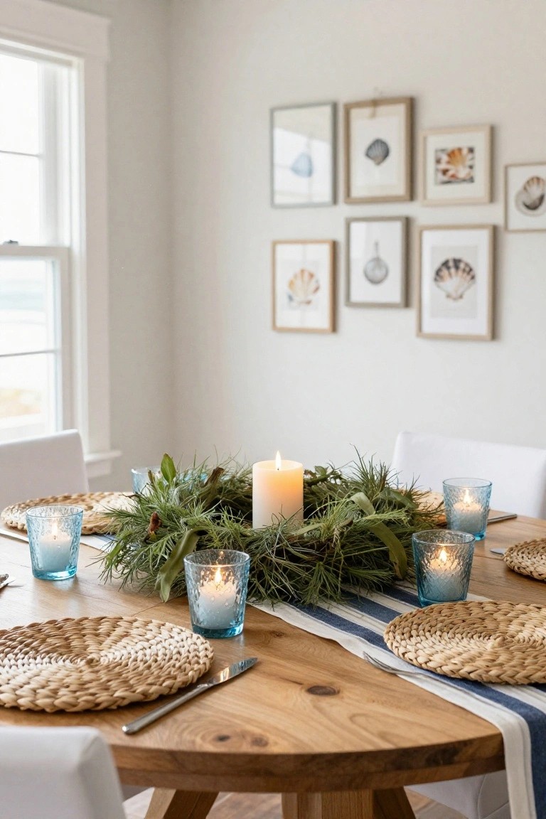 Wooden coffee table in a beige living room holds a circular holly wreath with red berries and lit candles in brass holders, plus stacked books, a gold ornament, and a ceramic mug, with neutral sofas, pillows, and large windows showing a garden view at dusk.