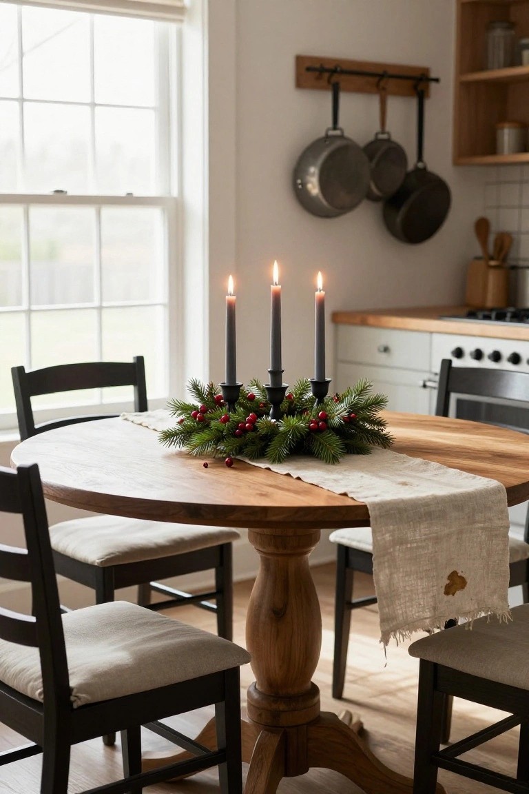 Wooden dining table with eucalyptus and berry wreath in a metal tray, two candles, and wooden chairs in a room with exposed brick walls, plants on shelves, and pendant lights.