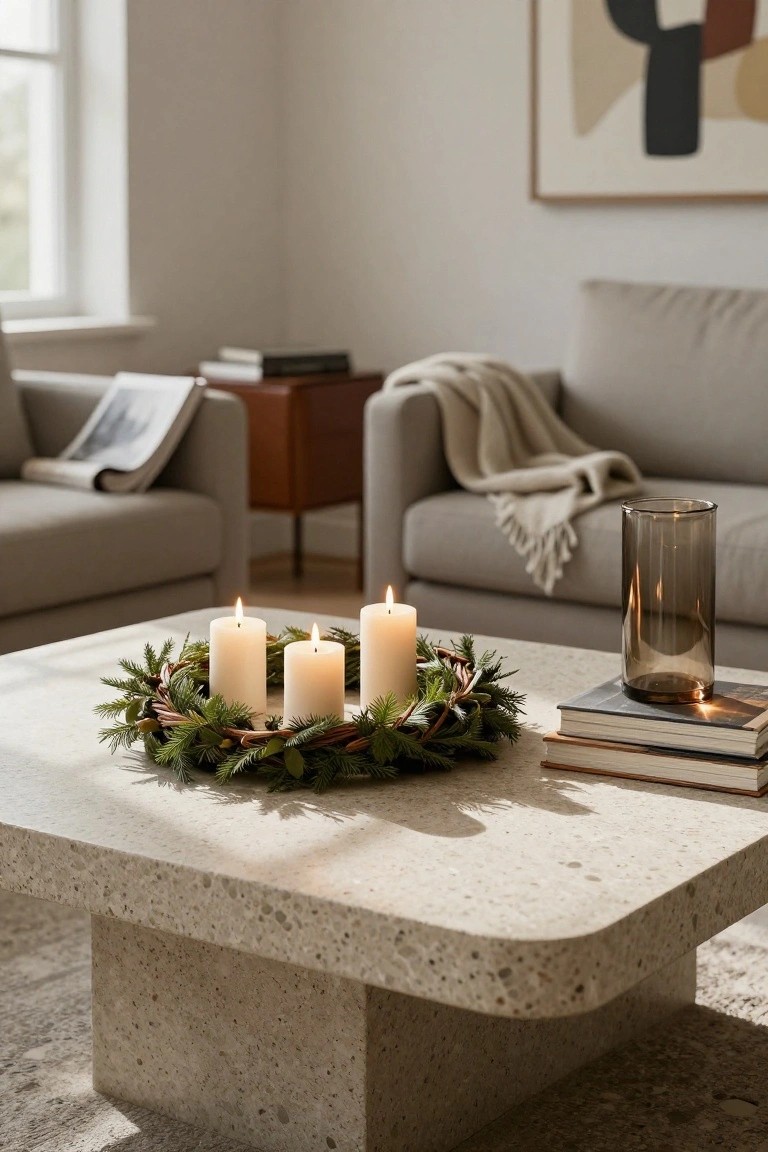 Green Christmas wreath with pinecones hanging above a white mantel with three knit stockings, candles in brass holders, books, and a wooden bird on the mantel shelf above a dark fireplace.