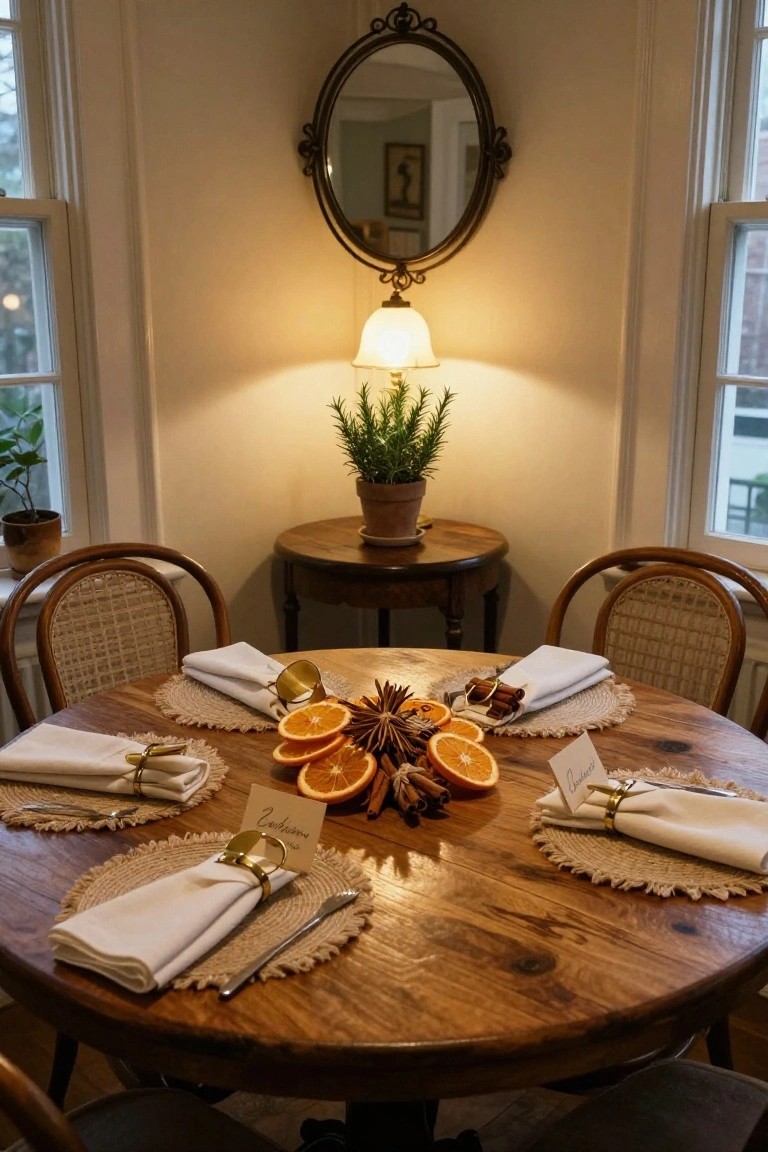 Round wooden dining table set for Christmas with dried orange slices and cinnamon sticks as centerpiece, white napkins in gold rings on rattan placemats, place cards, wicker chairs, and potted rosemary plant nearby.