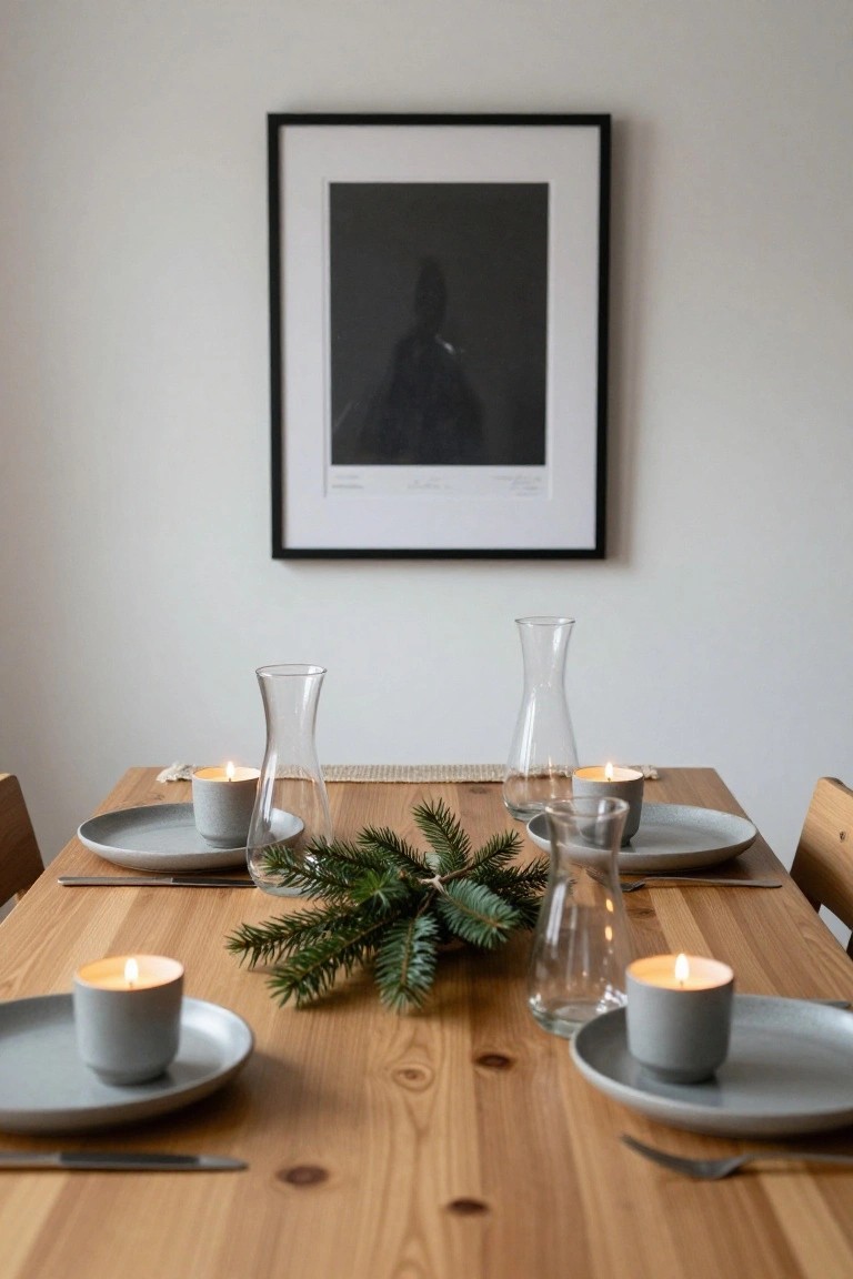 Wooden dining table set for four with gray plates, gray candle holders with lit candles, clear glass vases and tumblers, and loose fresh fir branches as a centerpiece, against a white wall with a large black-framed shadowy artwork above.