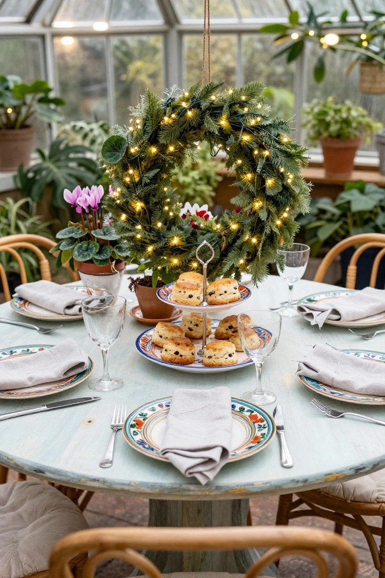 Round turquoise-painted table in a plant-filled conservatory set for tea with tiered scones stand, colorful plates, linen napkins, wine glasses, cutlery, and forks under a large lighted evergreen wreath.