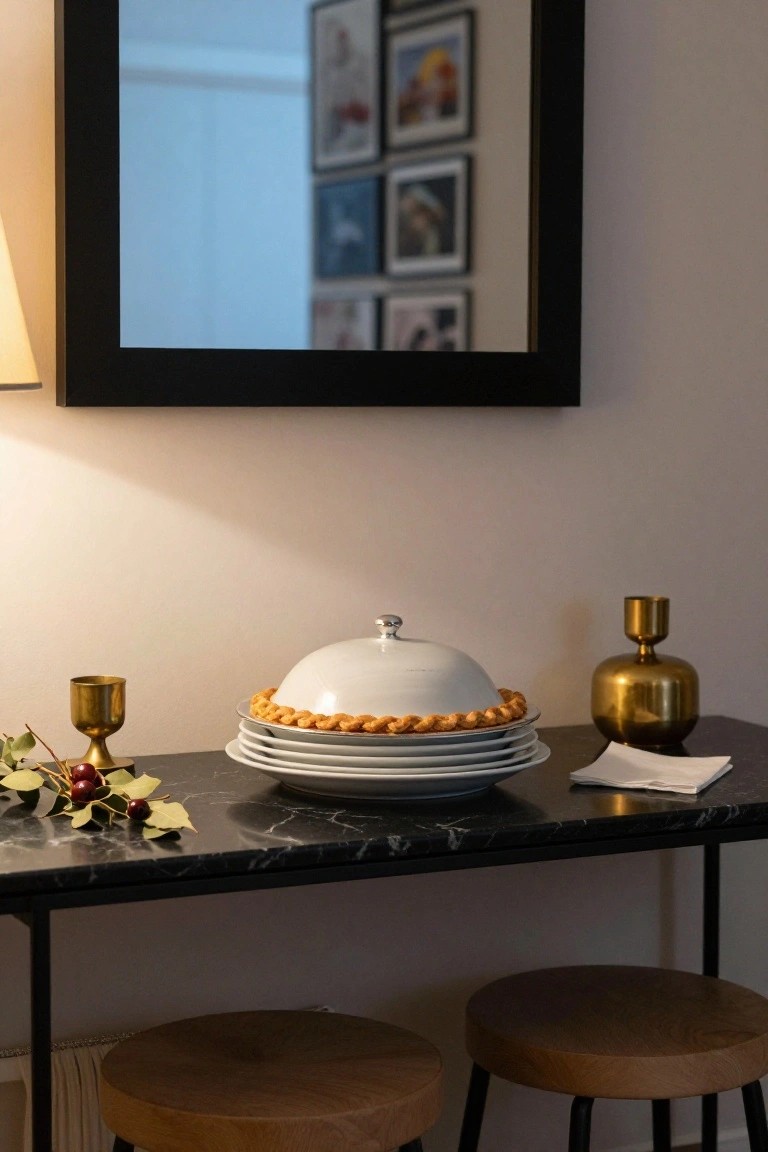 Black marble console table with stacked white plates under a white cloche dome covering a pie with scalloped crust edge, gold chalice and candle holder nearby, holly branches with red berries, white napkin, two wooden stools, large wall mirror and framed photos in background.