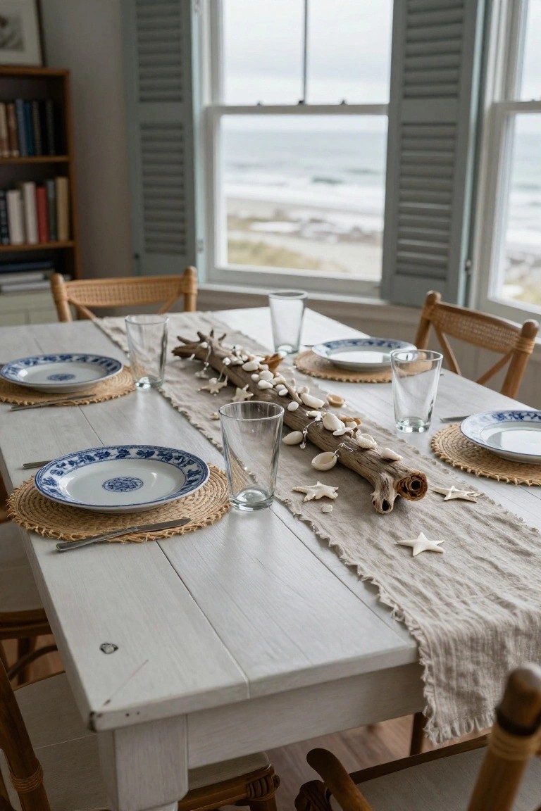 Whitewashed wooden dining table set for a meal with blue and white plates on seagrass placemats, clear glasses, silverware, and a centerpiece of driftwood, shells, starfish, and sea glass on a beige linen runner, in a room with shutters open to a seaside view.