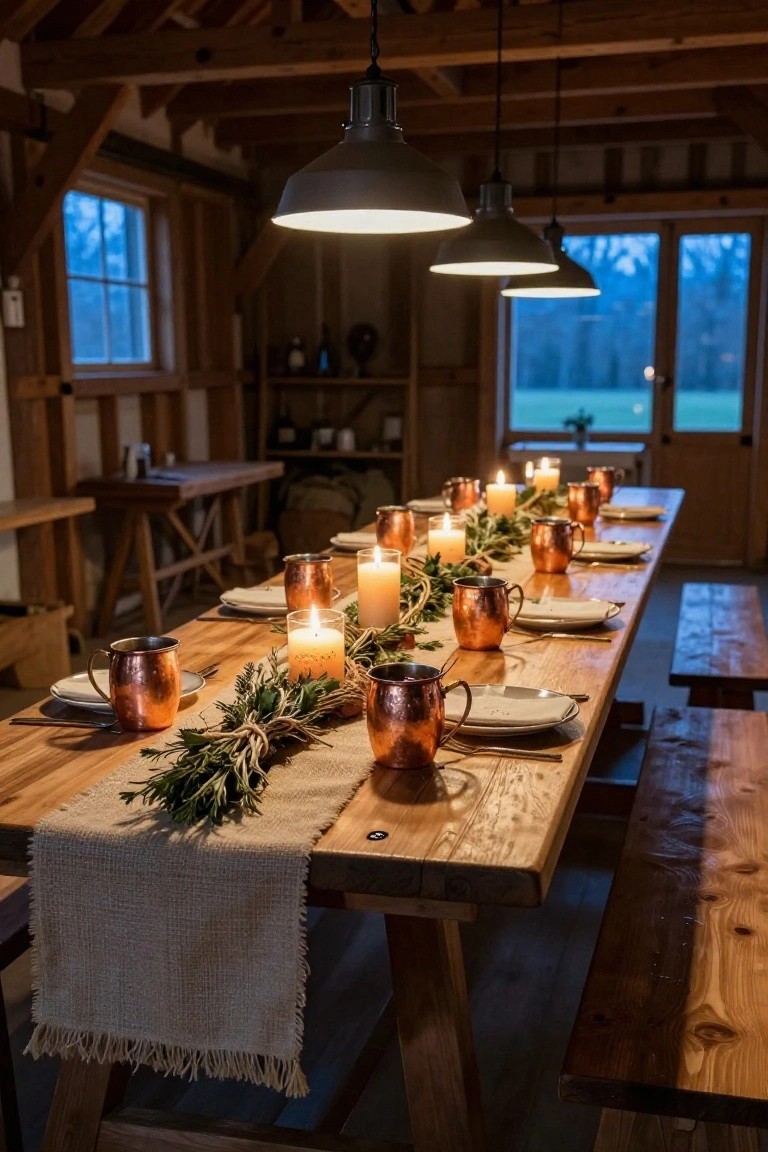 Long wooden table in a rustic barn with pendant lights overhead, set for dining with copper mugs, white plates, multiple candles, greenery garlands on a burlap runner, and views of dark windows and fields outside.