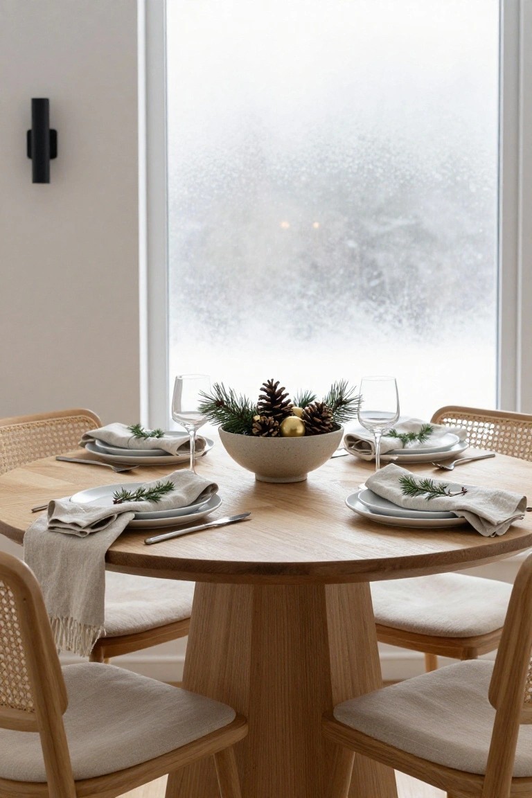 Round light oak dining table set for four with white plates on linen napkins tied with pine sprigs, wine glasses, cutlery, and central white bowl of pinecones, pine branches, and gold baubles, rattan chairs, near a large frosted window in a white room.