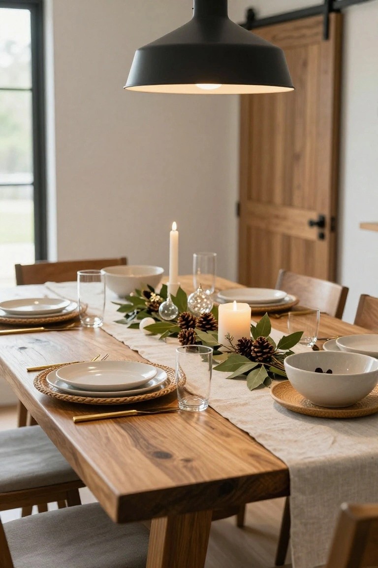 Wooden dining table set for Christmas with white plates on woven placemats, gold flatware, a linen runner topped with greenery garland pinecones taper candles and white bowls.