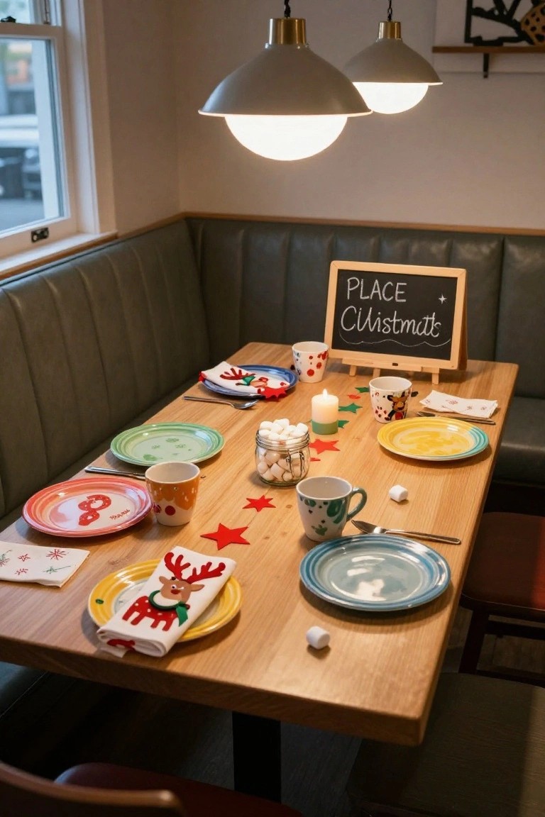 Wooden table in a gray booth with colorful Christmas placemats, patterned plates, cups, napkins with reindeer, marshmallows in jars, star stickers, and a chalkboard sign reading "PLACE Christmasmatts" under pendant lights.